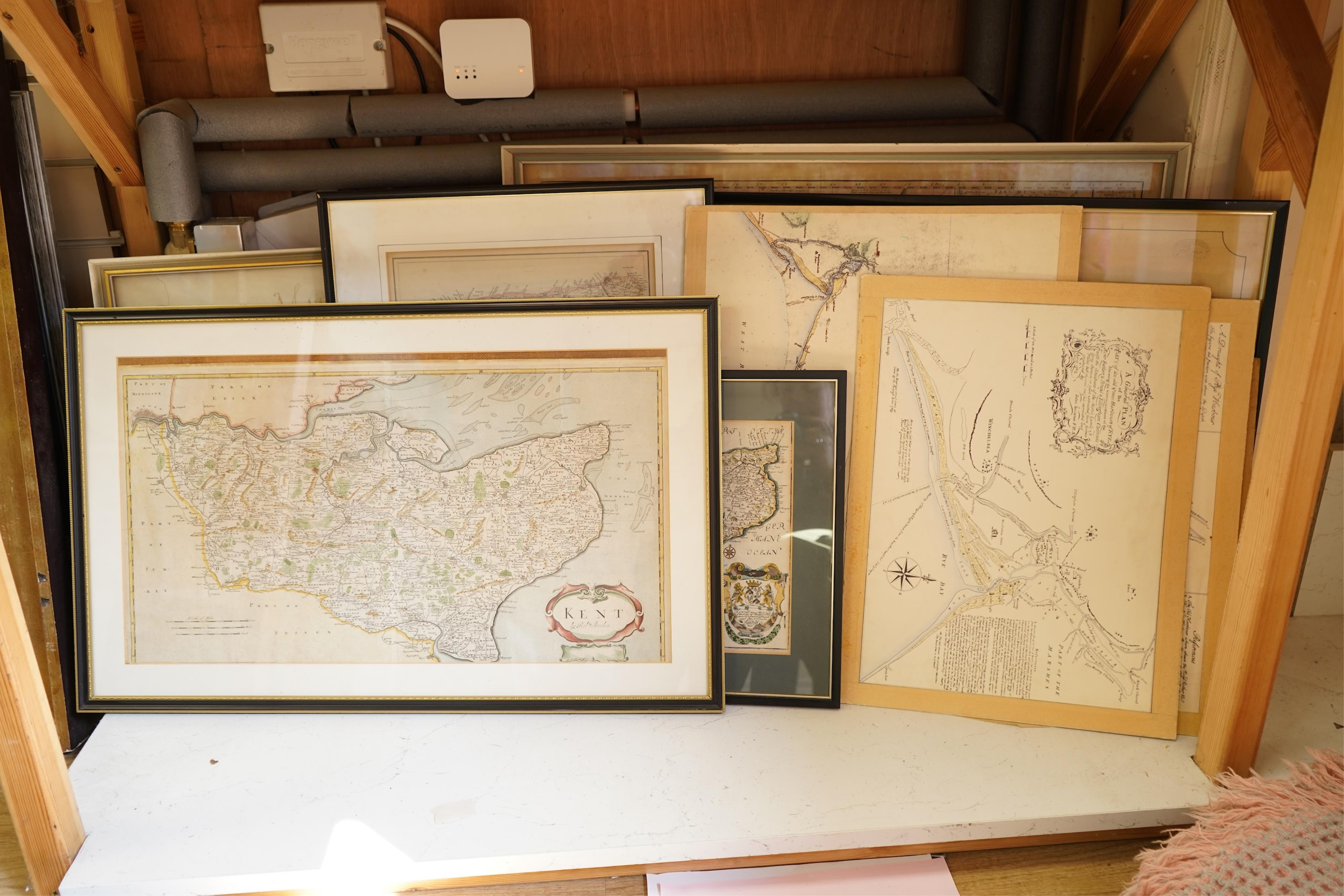 A collection of maps, mostly Kent and Rye harbour to include: Emmanuel Bowen, an accurate map of the County of Kent divided into its lathes, printed for Laurie and Whittle, London, one by Leslie C Benenson and one by Ric